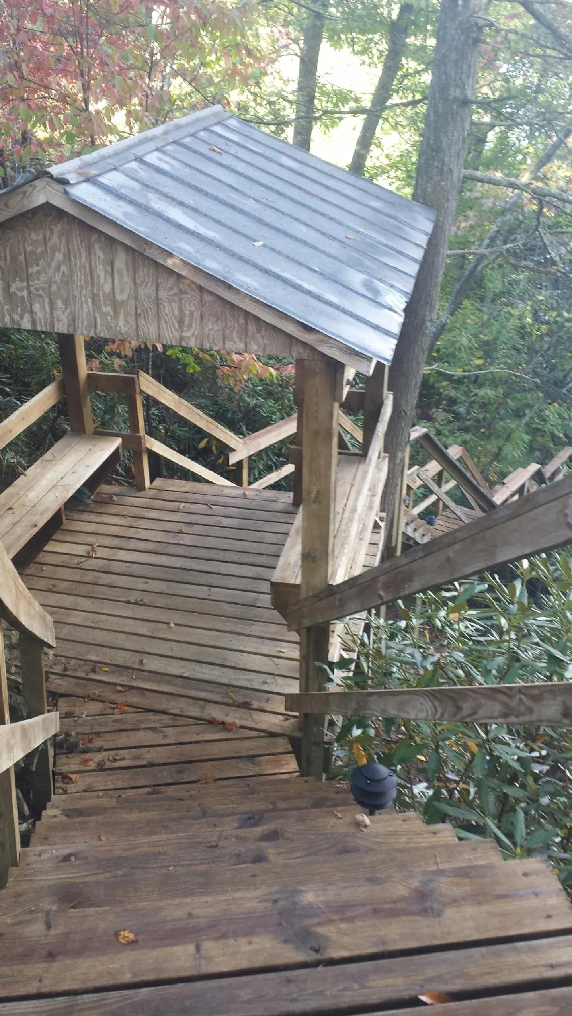 Metal roofed shelter over wooden steps on a wooded walkway — Skylight Repair & Installation work by our crew in Humboldt